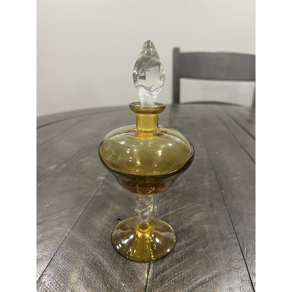 Vintage Handblown Amber Vanity Perfume Bottle with Clear Teardrop Shaped Stopper